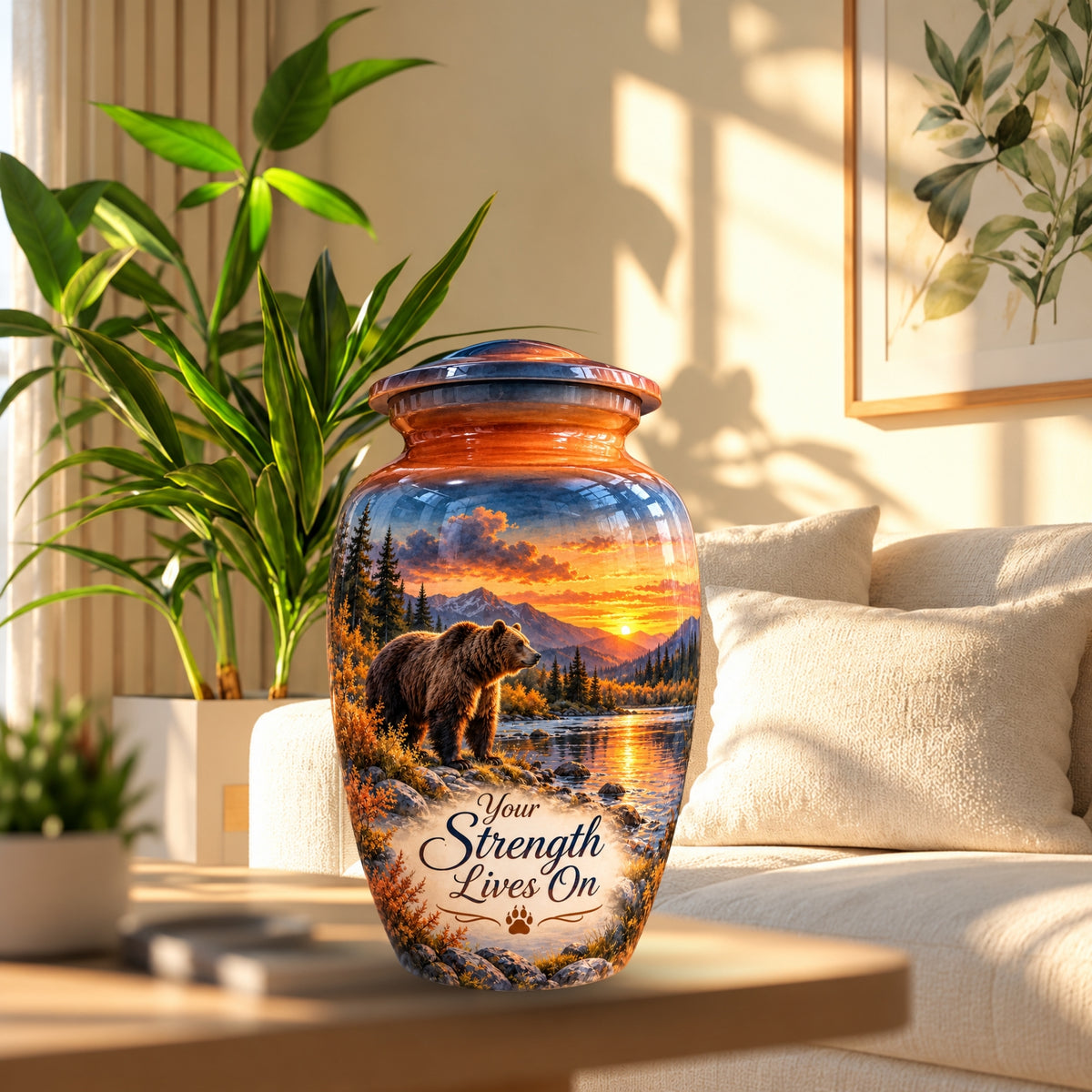 Majestic Bear River Sunset Cremation Urn for Human Ashes – Personalized Handmade Aluminum Urn