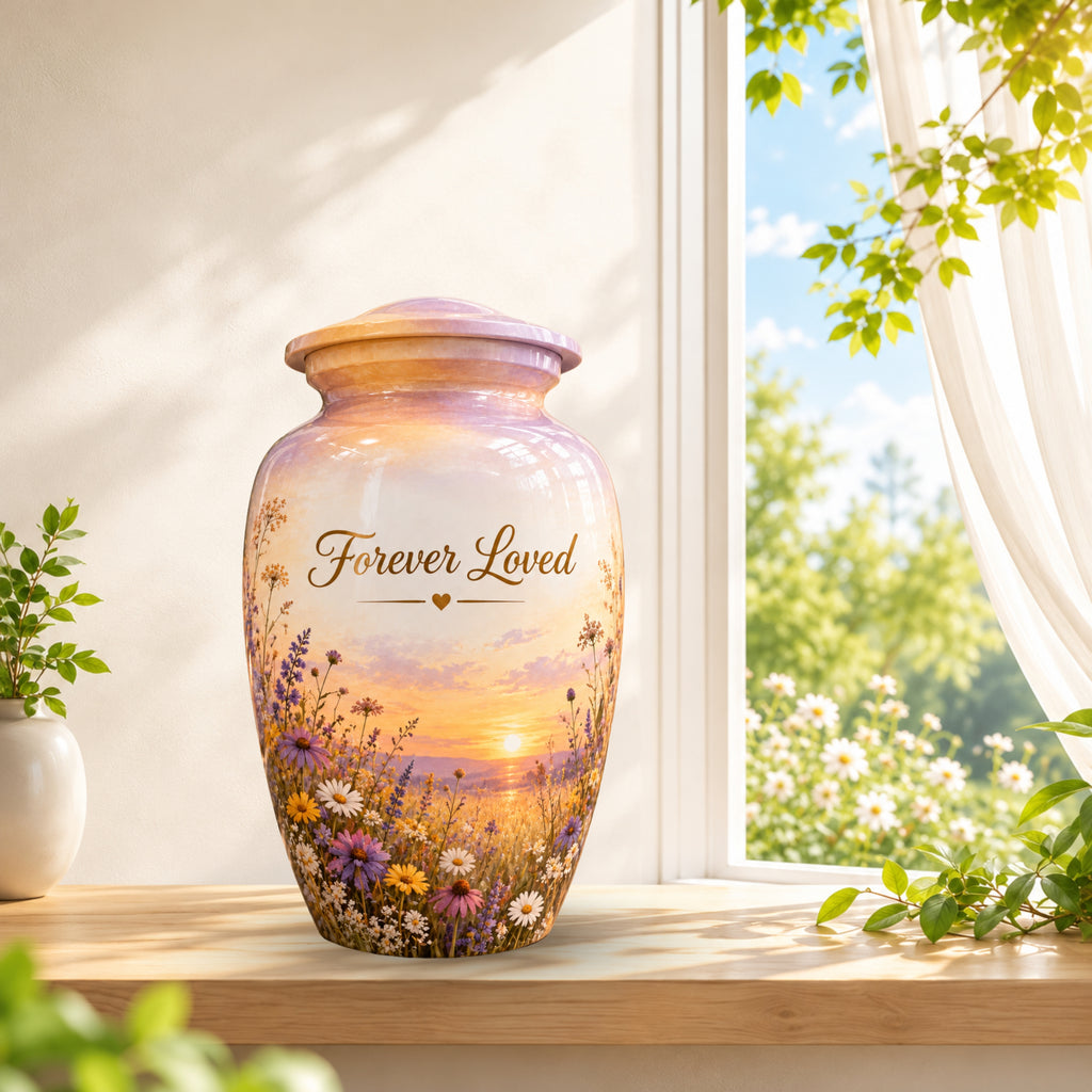 Sunset Wildflower Memorial Cremation Urn for Human Ashes – Personalized Handmade Aluminum Urn