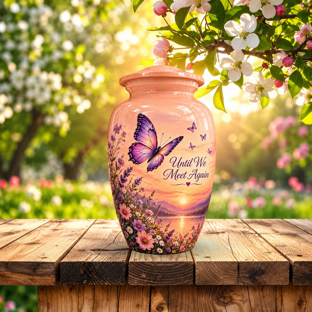 Peach Sunset Purple Butterfly Cremation Urn for Human Ashes – Personalized Handmade Aluminum Urn