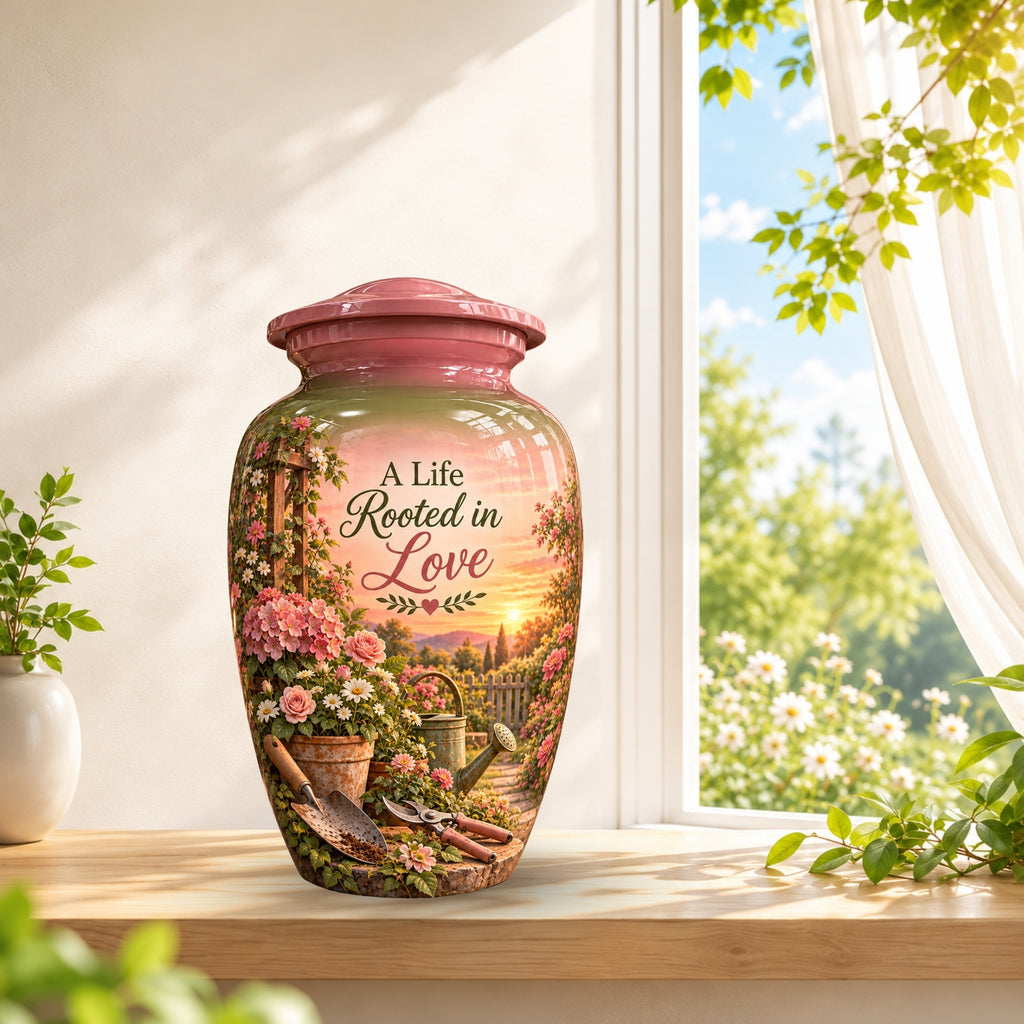 Pink Floral Garden Sunset Cremation Urn for Human Ashes – Personalized Handmade Aluminum Urn