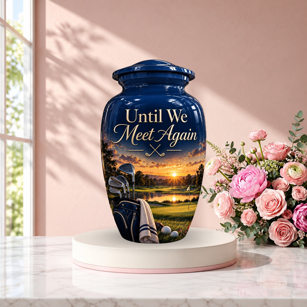 golf bag fairway sunset cremation urn for human ashes, handmade aluminum – photo 2