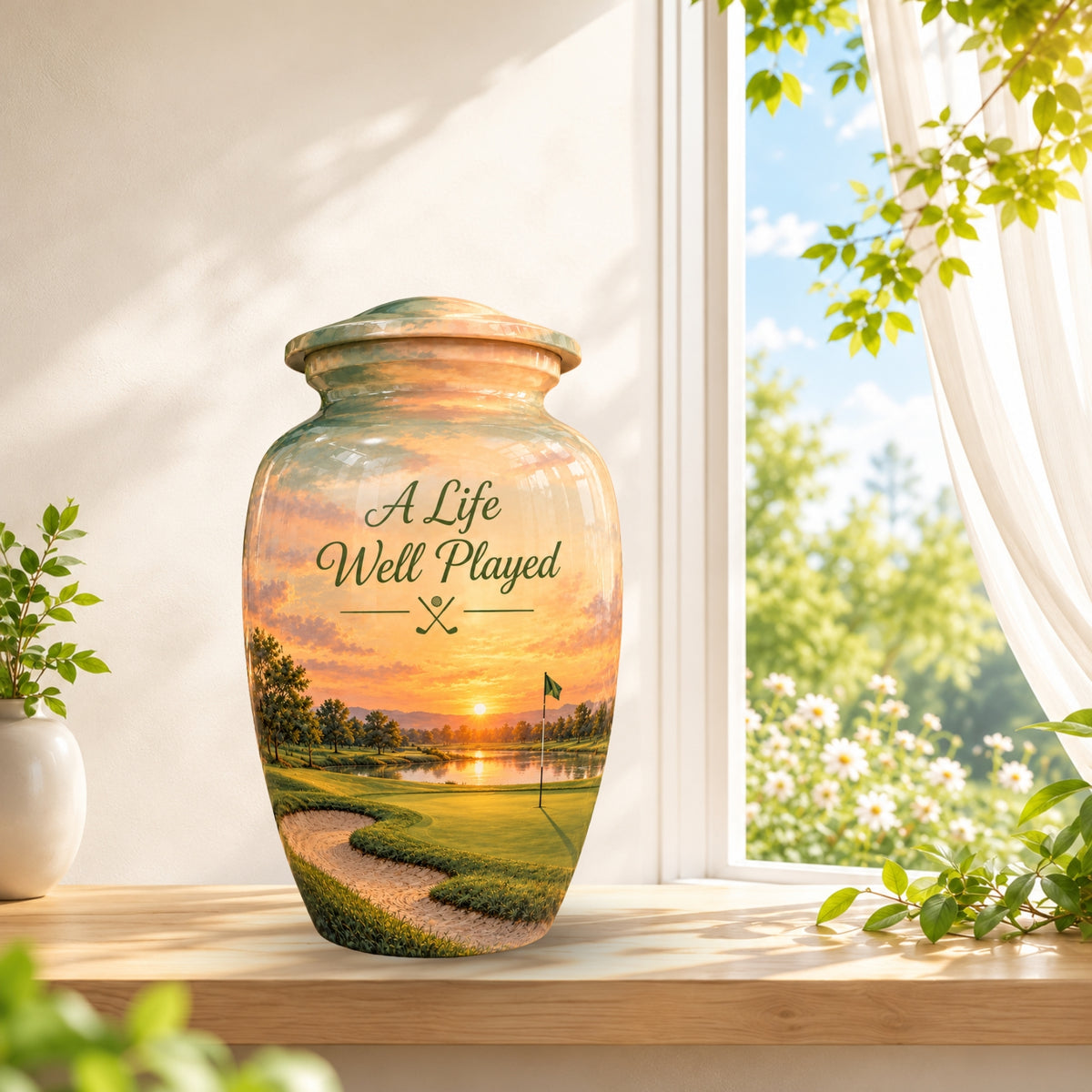 Golfer's Memorial Urn with Sand Trap for Human Ashes – Personalized Handmade Aluminum Cremation Urn