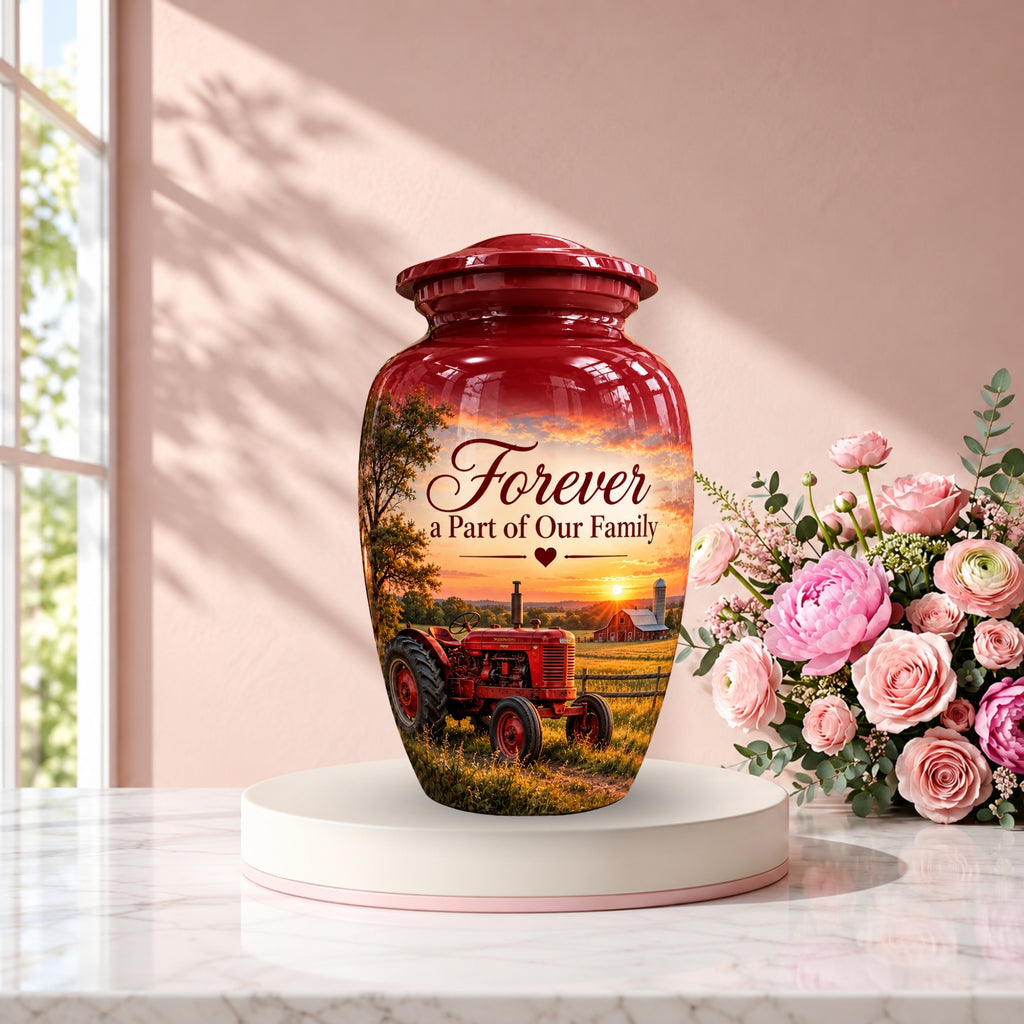 red tractor farm sunset cremation urn for human ashes, handmade aluminum – photo 2
