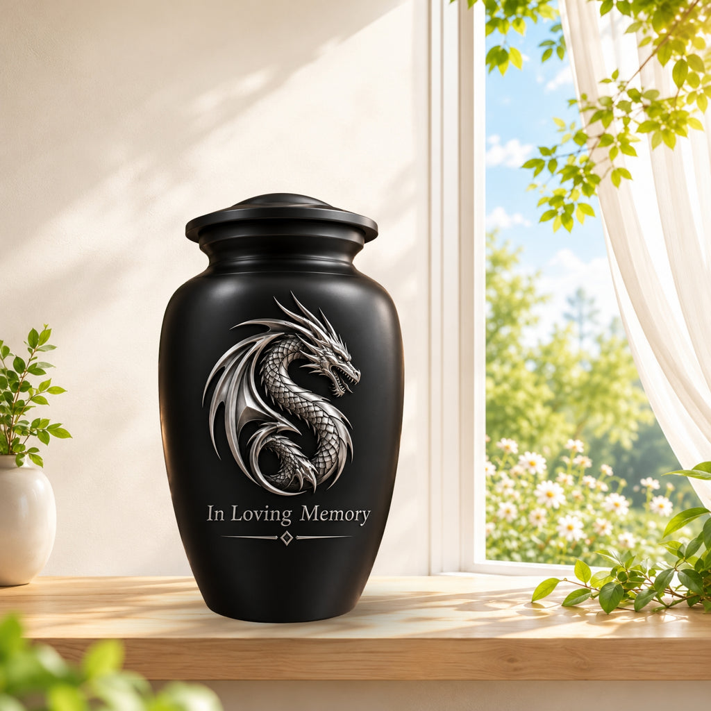 mythical dragon memorial urn for ashes, handmade aluminum urn – photo 2