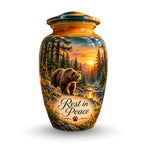 Woodland Bear Sunset Cremation Urn for Human Ashes – Personalized Handmade Aluminum Urn