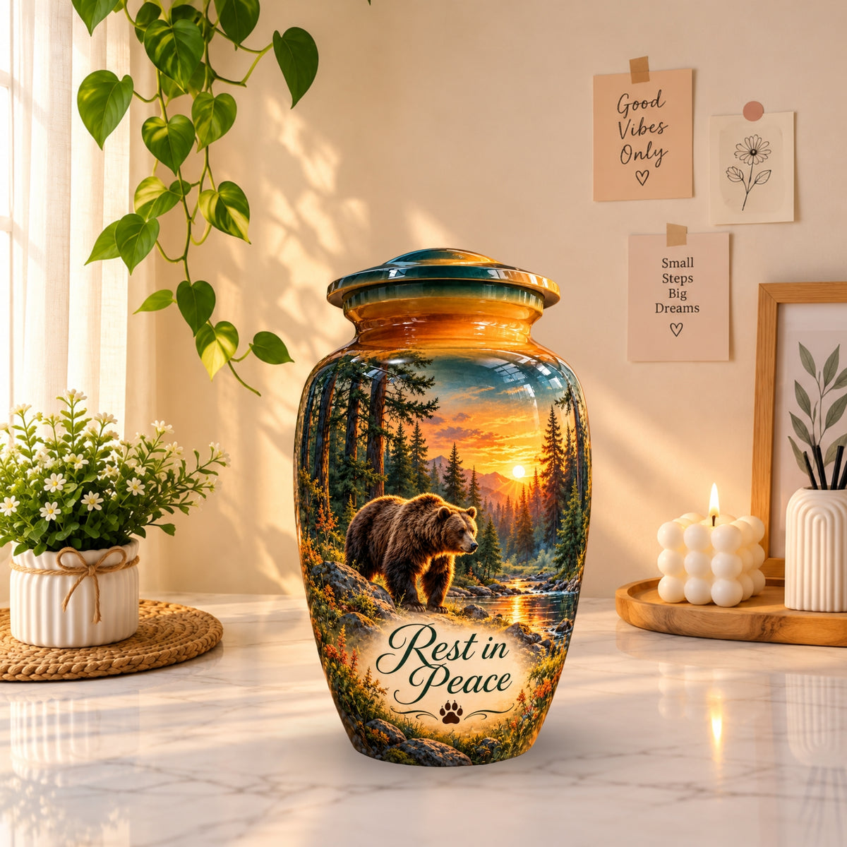 Woodland Bear Sunset Cremation Urn for Human Ashes – Personalized Handmade Aluminum Urn