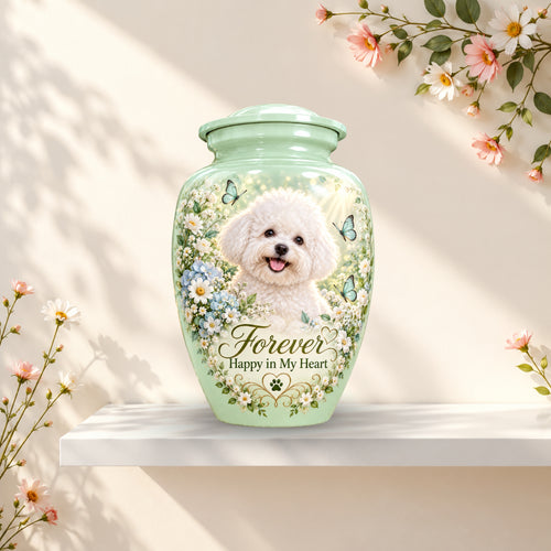 Bichon Frise memorial urn for dog ashes with custom dog portrait