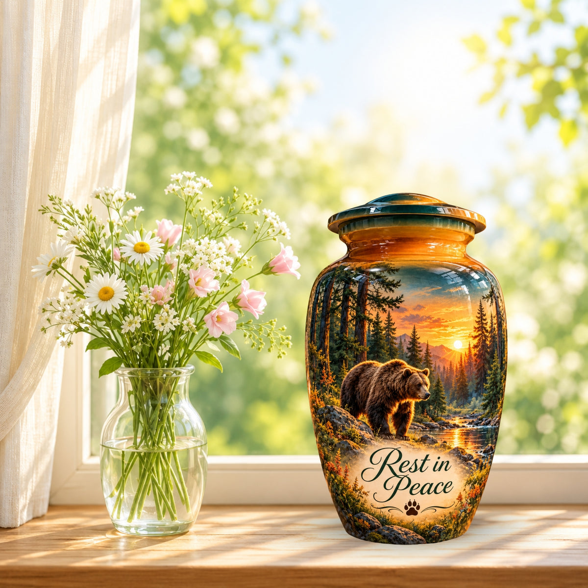 Woodland Bear Sunset Cremation Urn for Human Ashes – Personalized Handmade Aluminum Urn