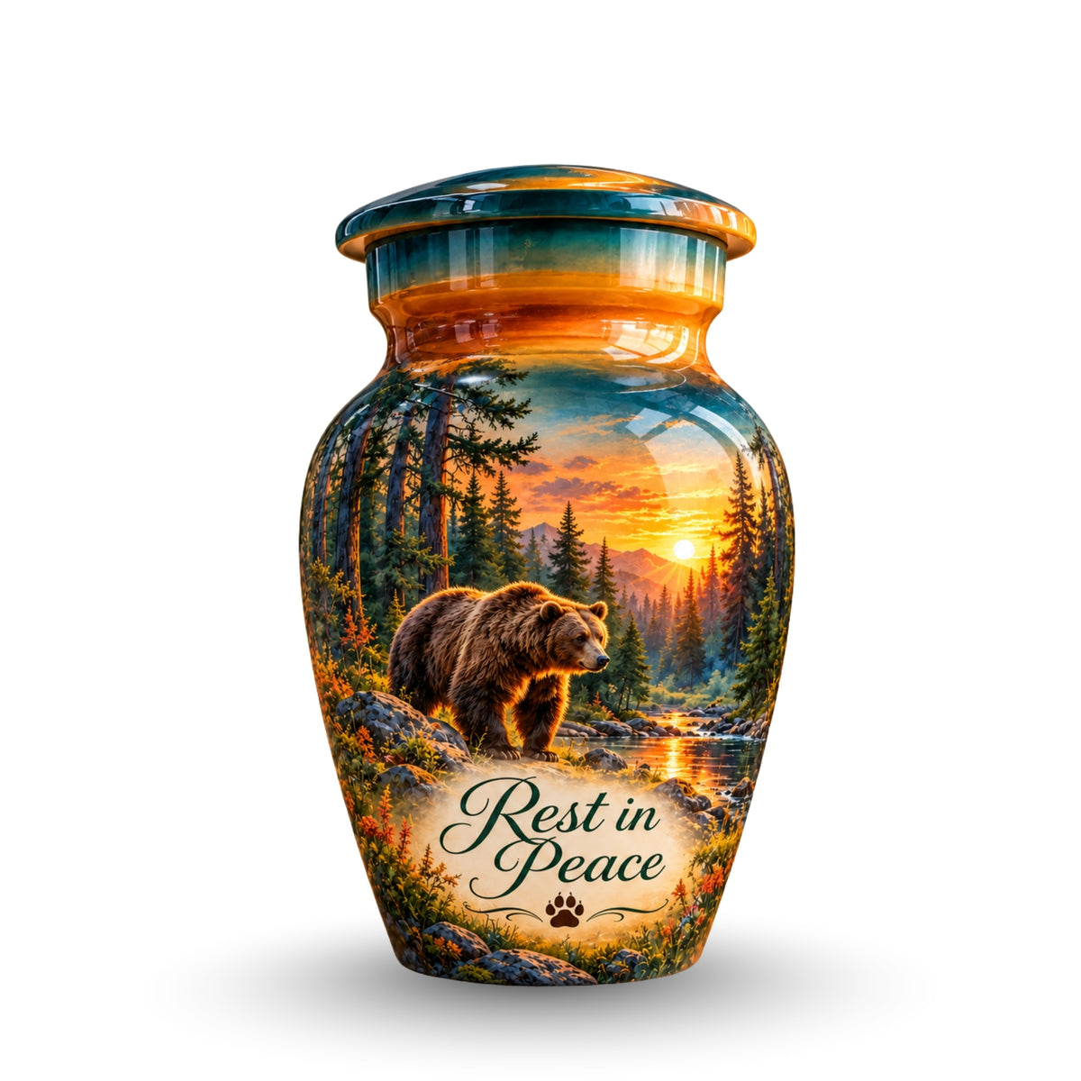 Woodland Bear Sunset Cremation Urn for Human Ashes – Personalized Handmade Aluminum Urn
