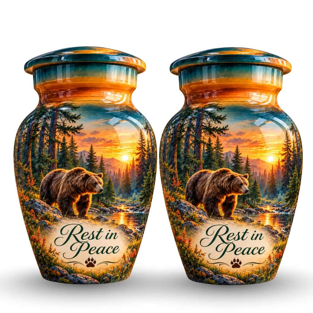 Woodland Bear Sunset Cremation Urn for Human Ashes – Personalized Handmade Aluminum Urn