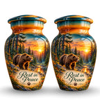 Woodland Bear Sunset Cremation Urn for Human Ashes – Personalized Handmade Aluminum Urn