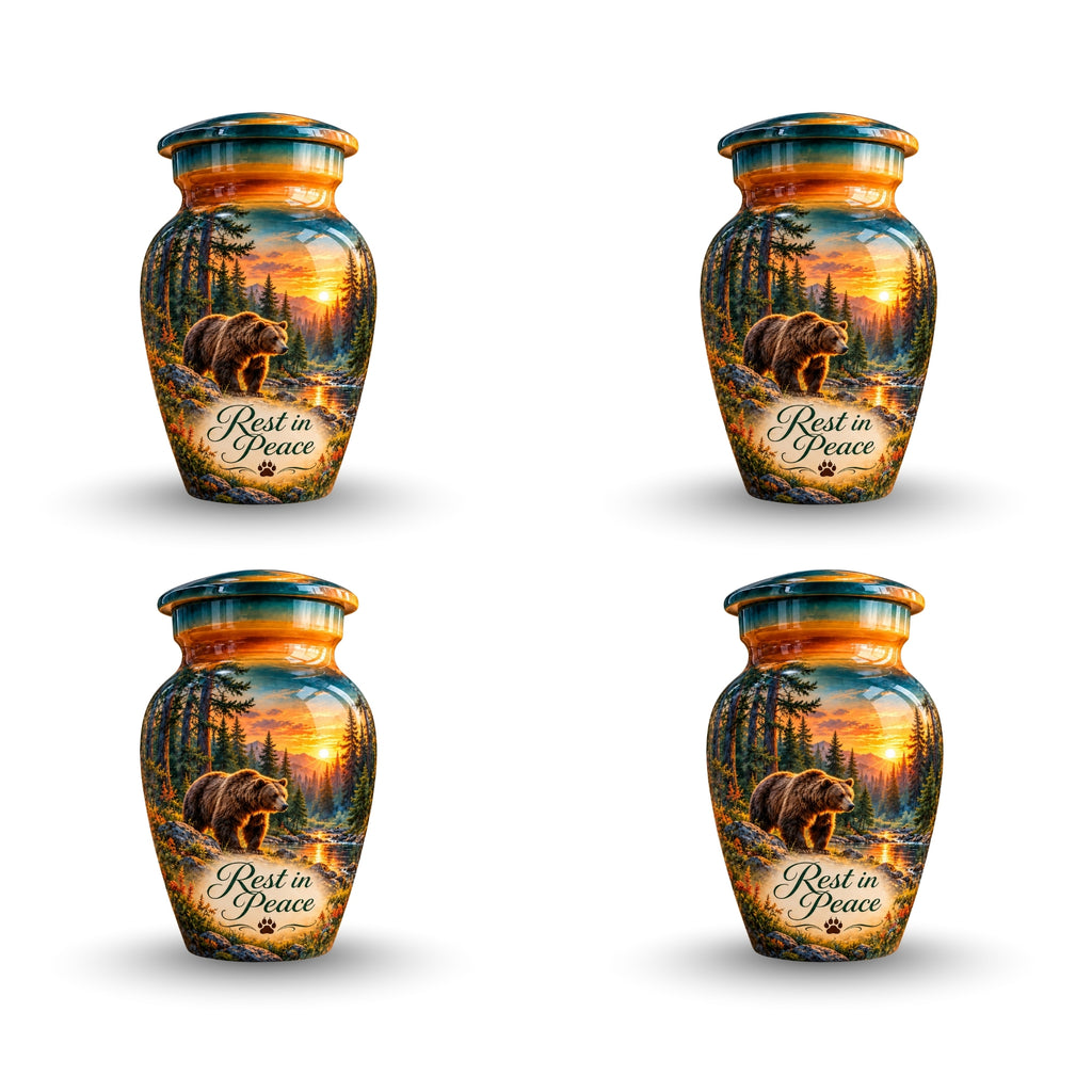 Woodland Bear Sunset Cremation Urn for Human Ashes – Personalized Handmade Aluminum Urn