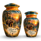 Woodland Bear Sunset Cremation Urn for Human Ashes – Personalized Handmade Aluminum Urn