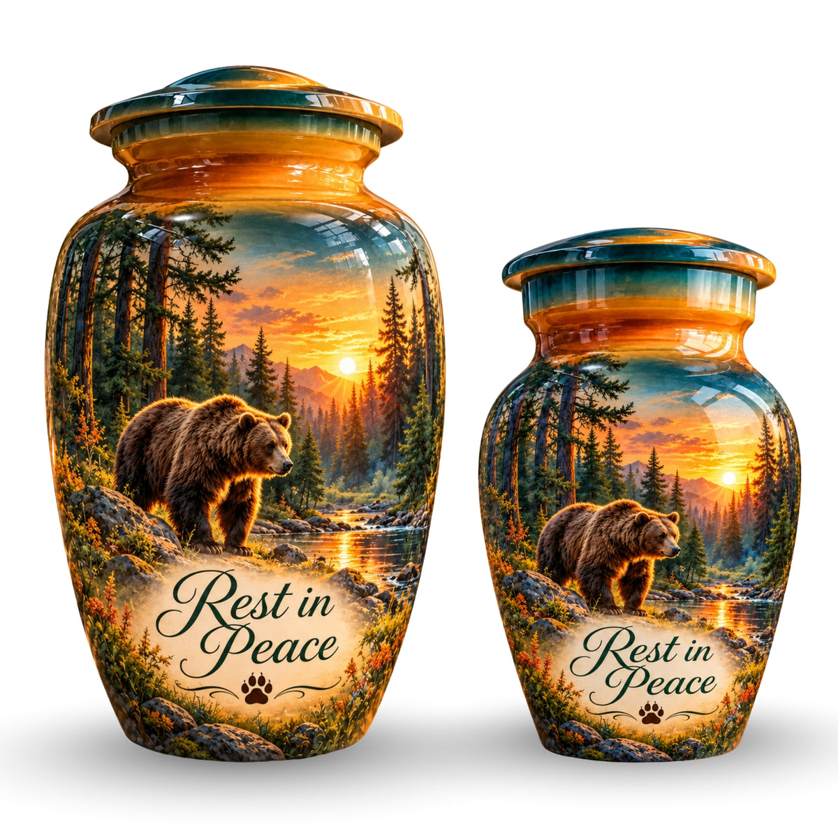 Woodland Bear Sunset Cremation Urn for Human Ashes – Personalized Handmade Aluminum Urn