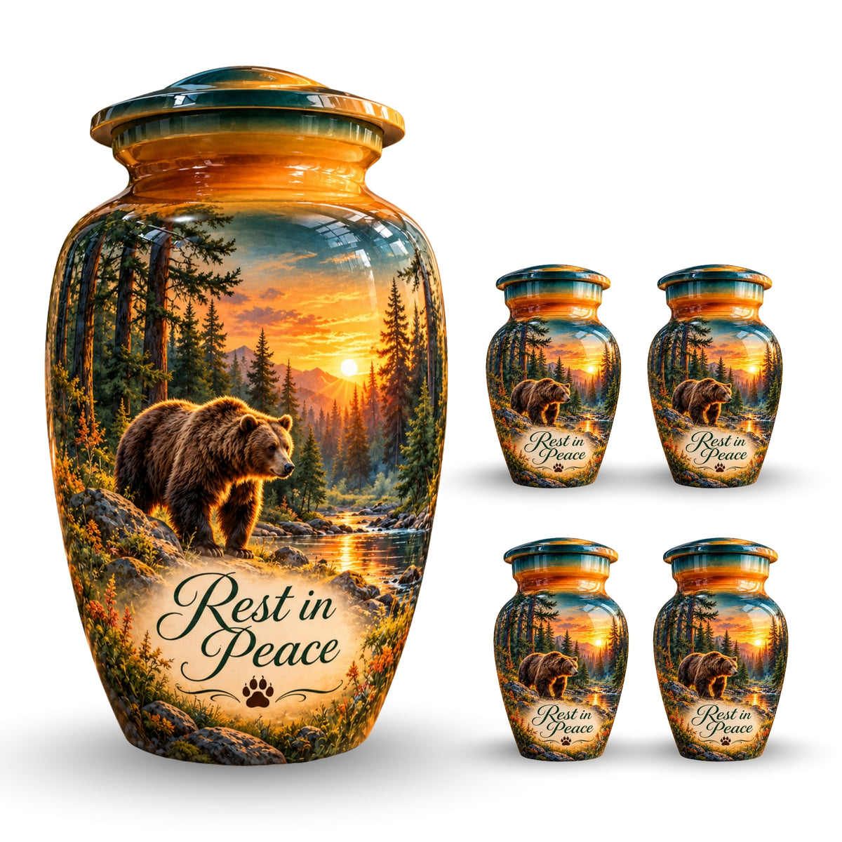 Woodland Bear Sunset Cremation Urn for Human Ashes – Personalized Handmade Aluminum Urn