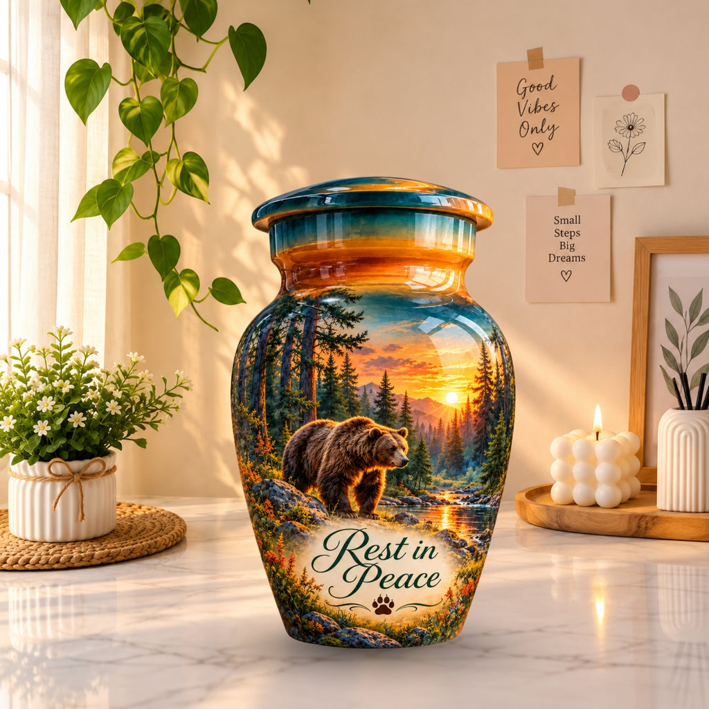 Woodland Bear Sunset Cremation Urn for Human Ashes – Personalized Handmade Aluminum Urn