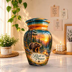 Woodland Bear Sunset Cremation Urn for Human Ashes – Personalized Handmade Aluminum Urn