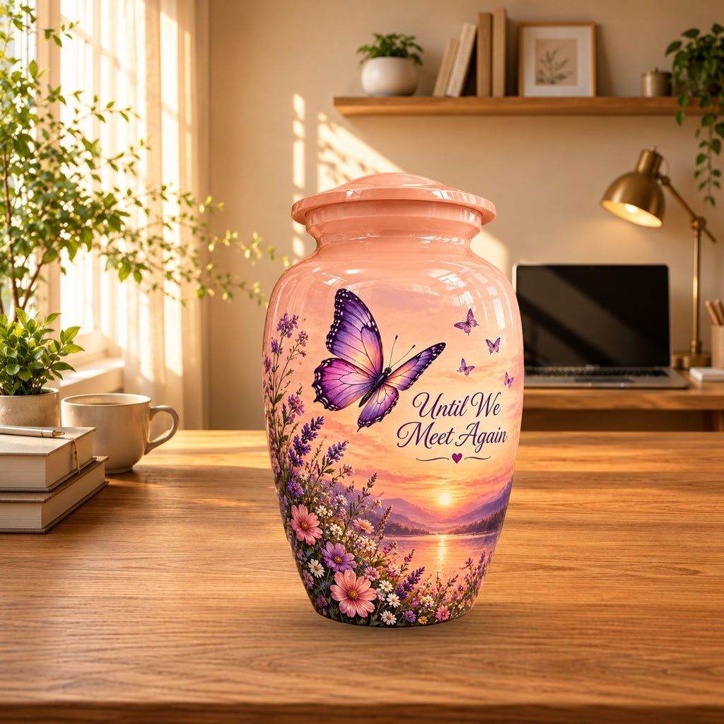 Peach Sunset Purple Butterfly Cremation Urn for Human Ashes – Personalized Handmade Aluminum Urn