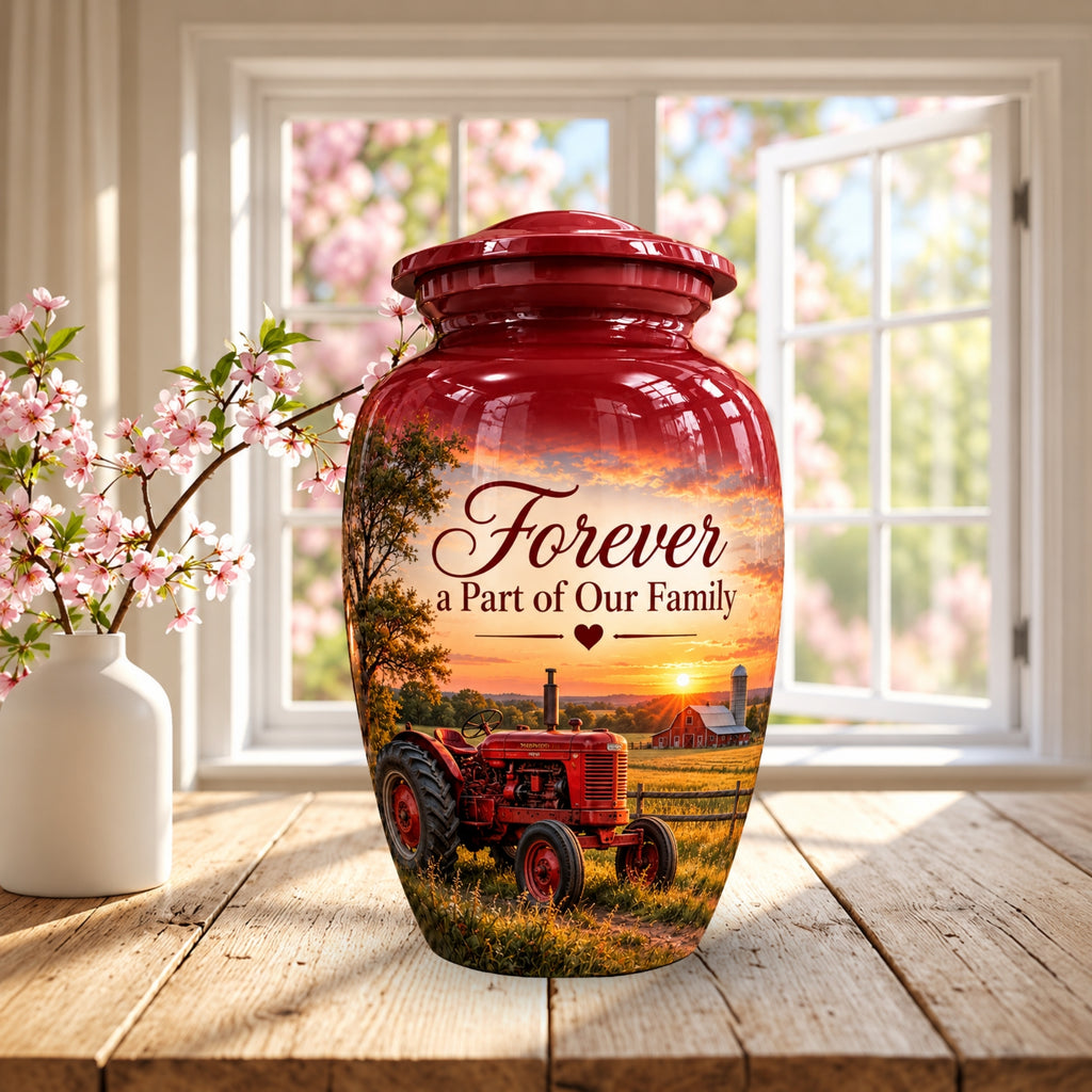 red tractor farm sunset cremation urn for human ashes, handmade aluminum – photo 3