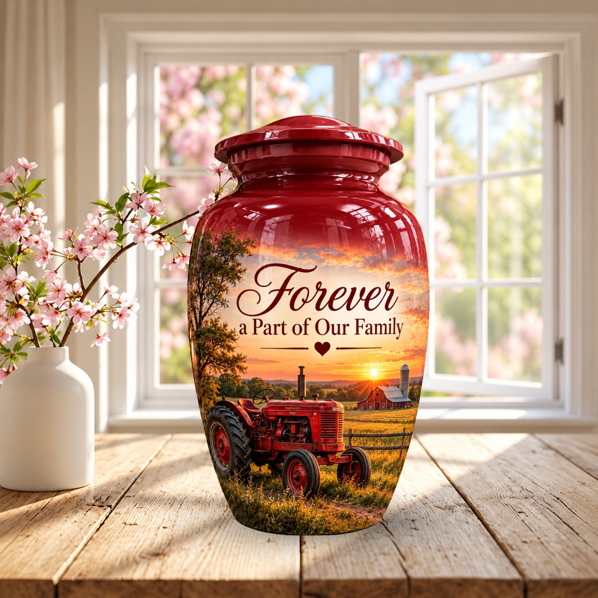 red tractor farm sunset cremation urn for human ashes, handmade aluminum – photo 3