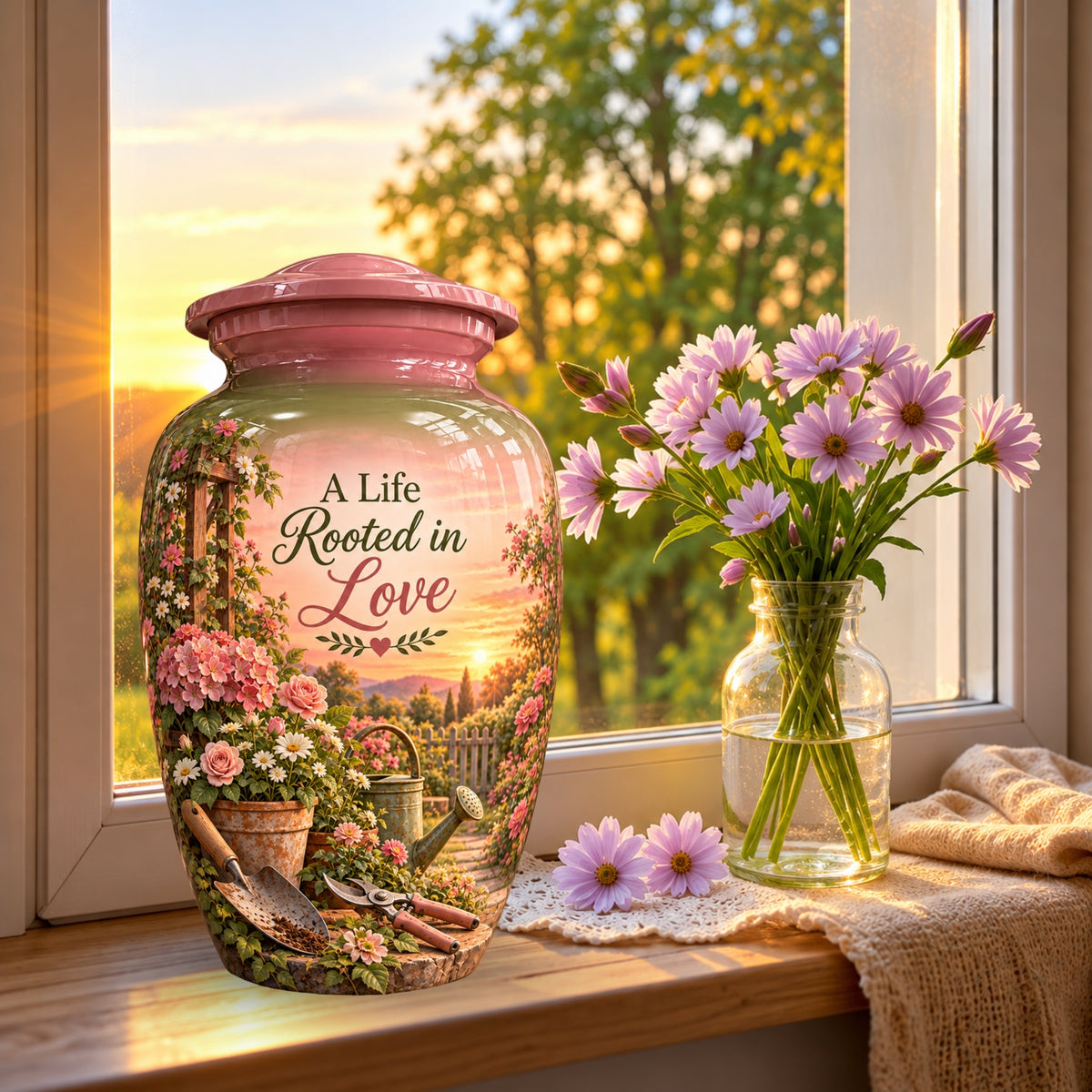 Pink Floral Garden Sunset Cremation Urn for Human Ashes – Personalized Handmade Aluminum Urn