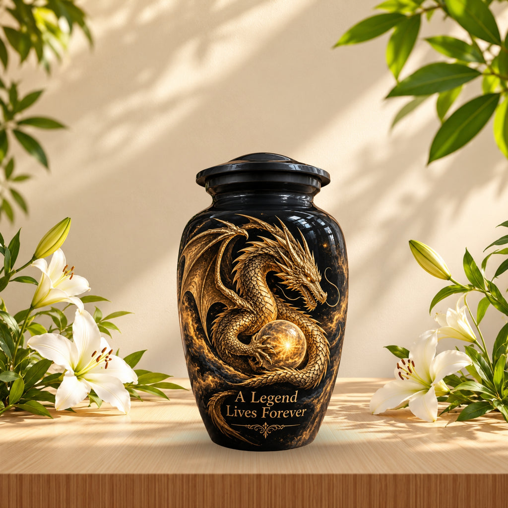 mythical dragon cremation urn for human ashes, handmade aluminum urn – photo 3