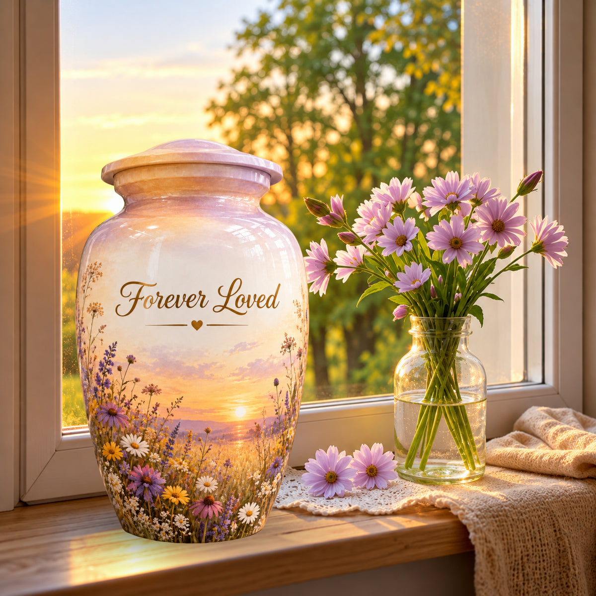 Sunset Wildflower Memorial Cremation Urn for Human Ashes – Personalized Handmade Aluminum Urn