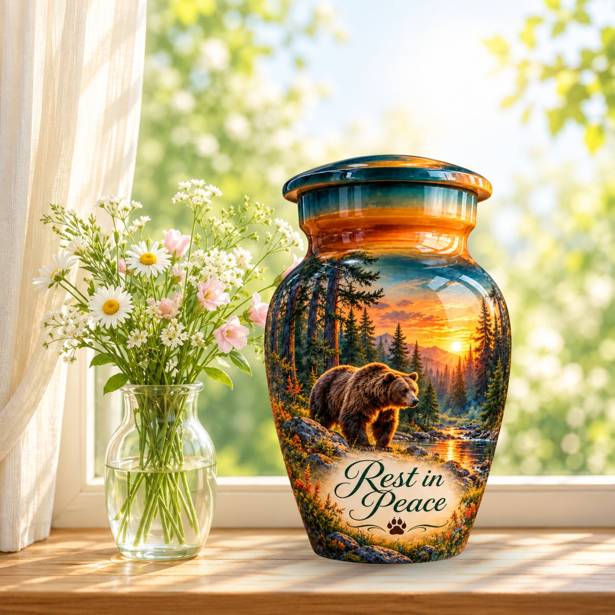Woodland Bear Sunset Cremation Urn for Human Ashes – Personalized Handmade Aluminum Urn