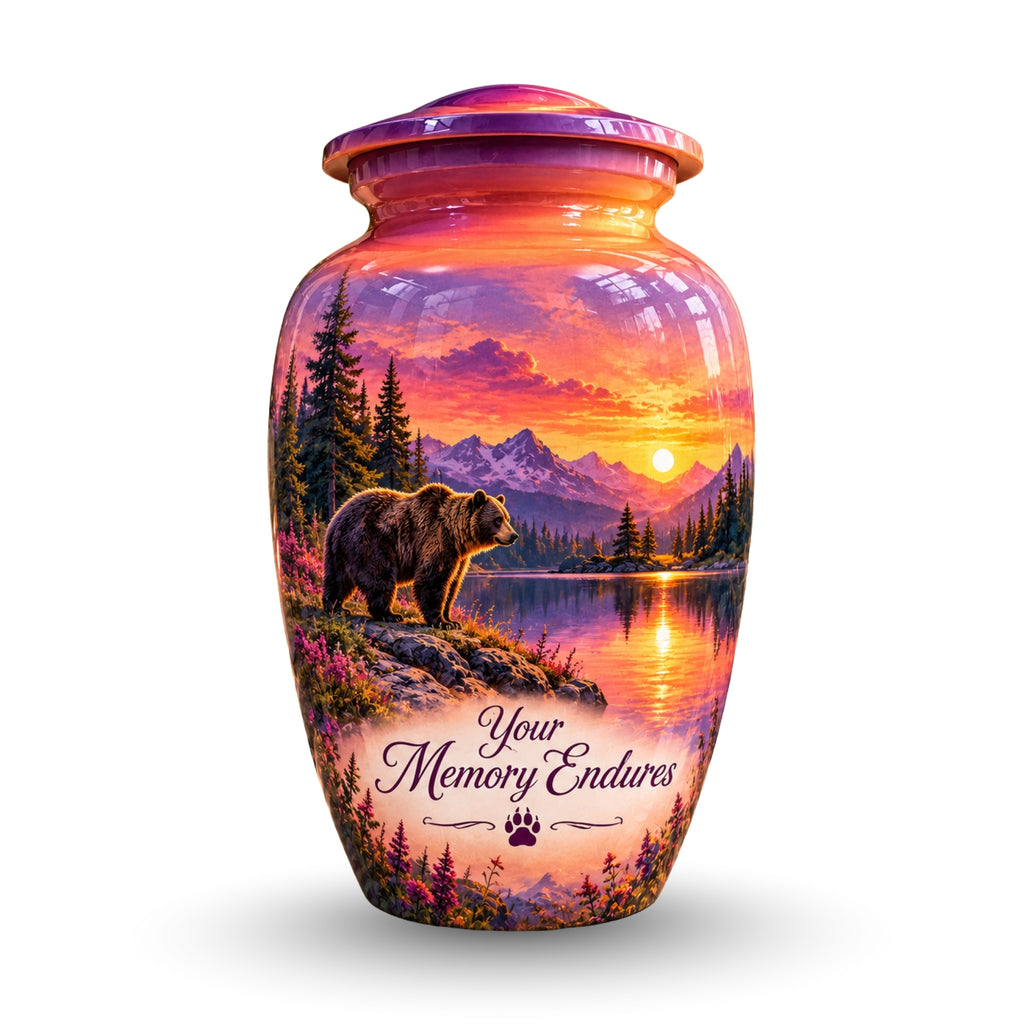 Purple Mountain Bear Sunset Cremation Urn for Human Ashes – Personalized Handmade Aluminum Urn