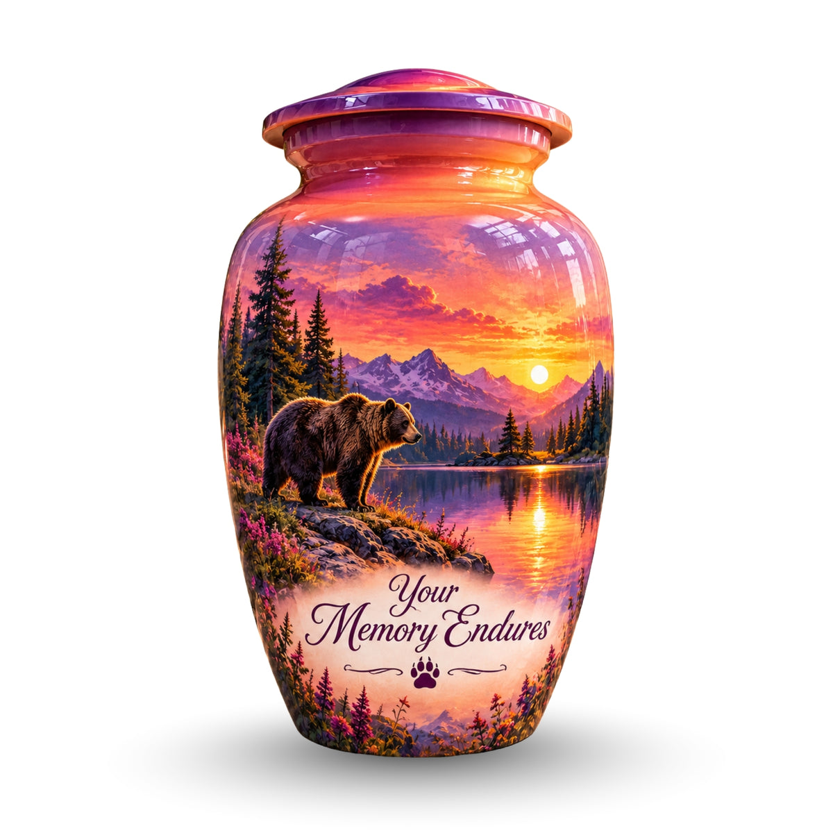 Purple Mountain Bear Sunset Cremation Urn for Human Ashes – Personalized Handmade Aluminum Urn