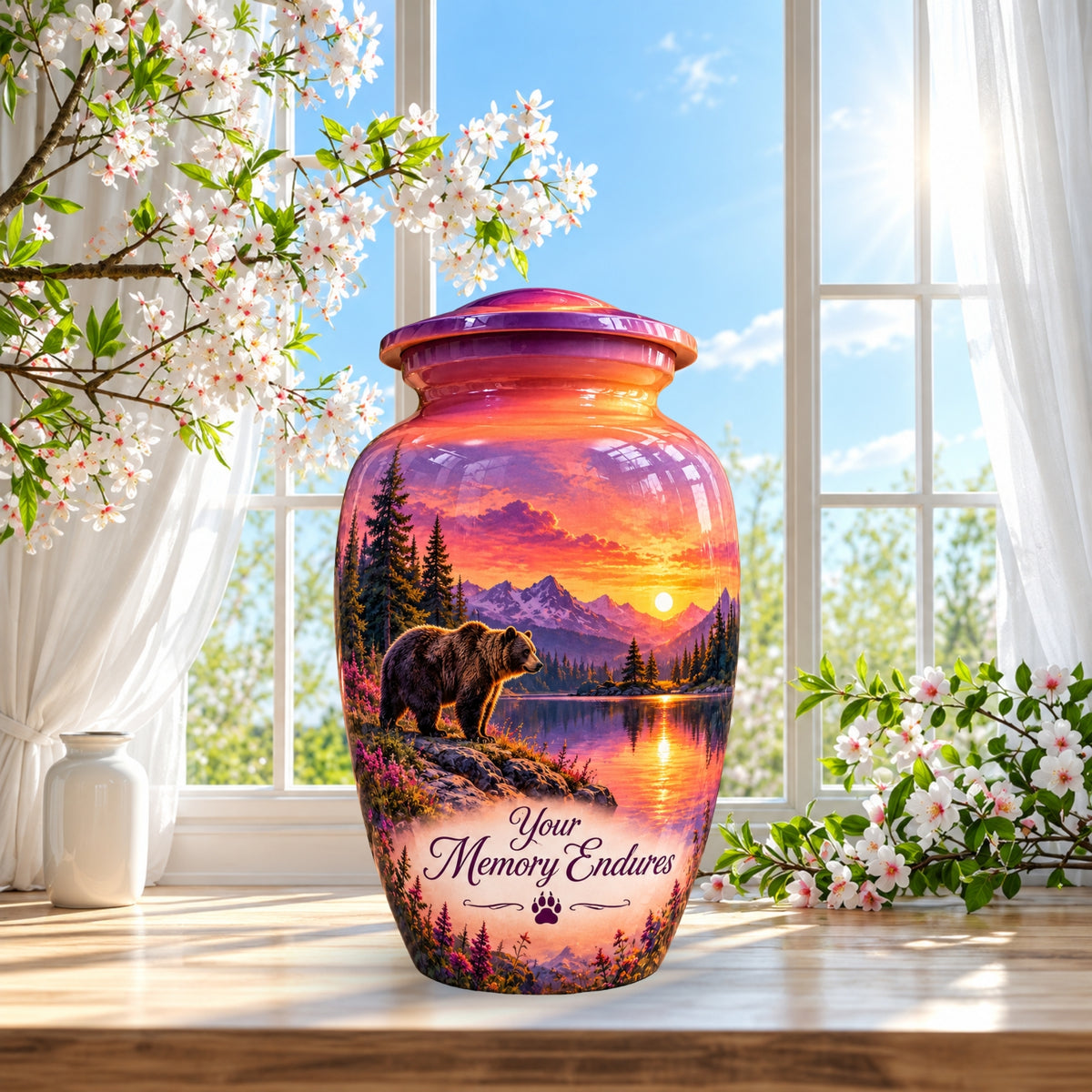 Purple Mountain Bear Sunset Cremation Urn for Human Ashes – Personalized Handmade Aluminum Urn