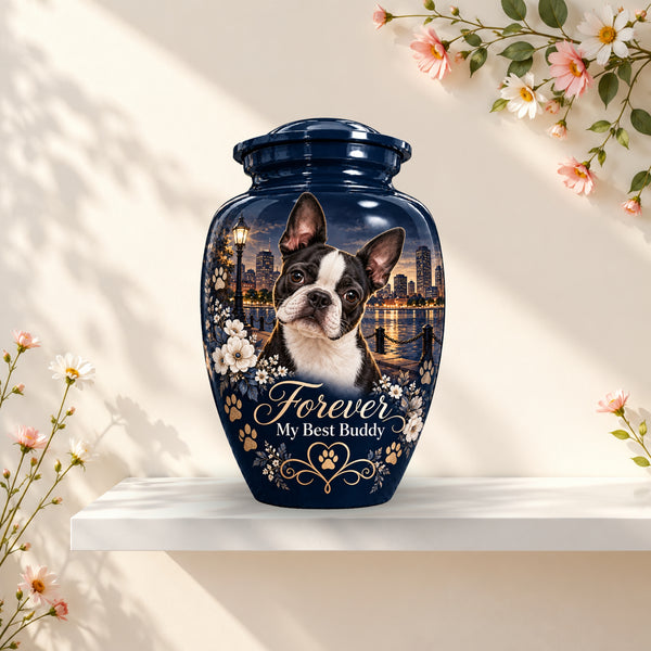 Boston Terrier cremation urn for dog ashes with personalized photo and name