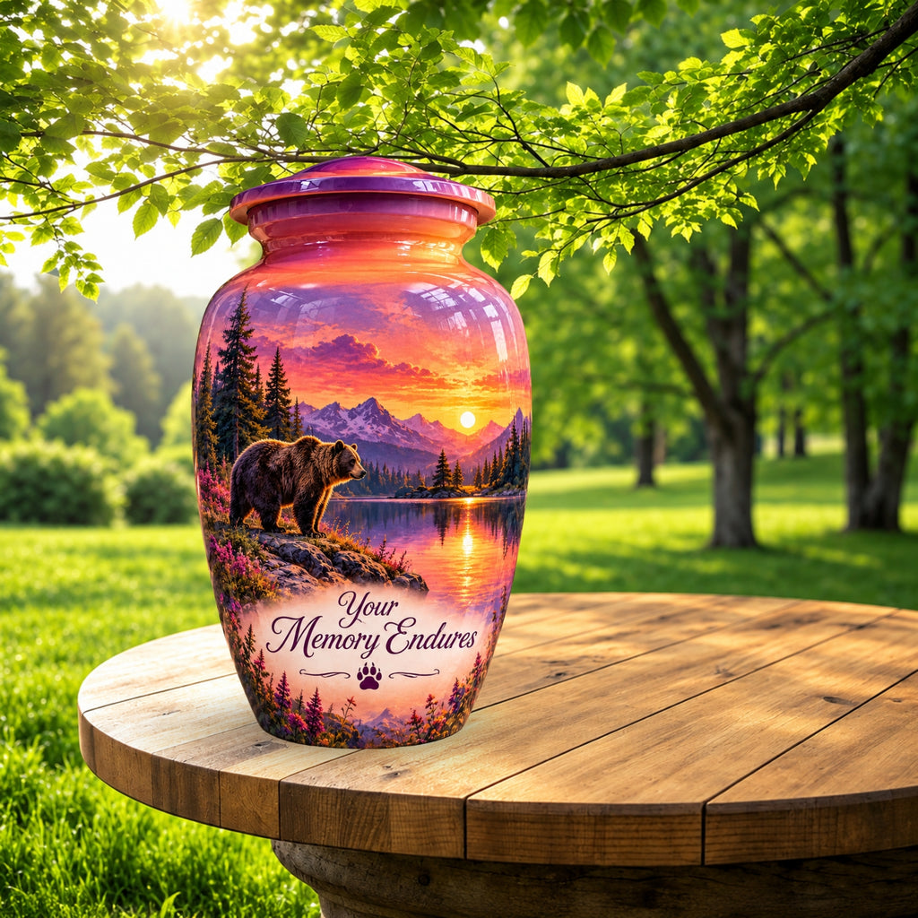 Purple Mountain Bear Sunset Cremation Urn for Human Ashes – Personalized Handmade Aluminum Urn