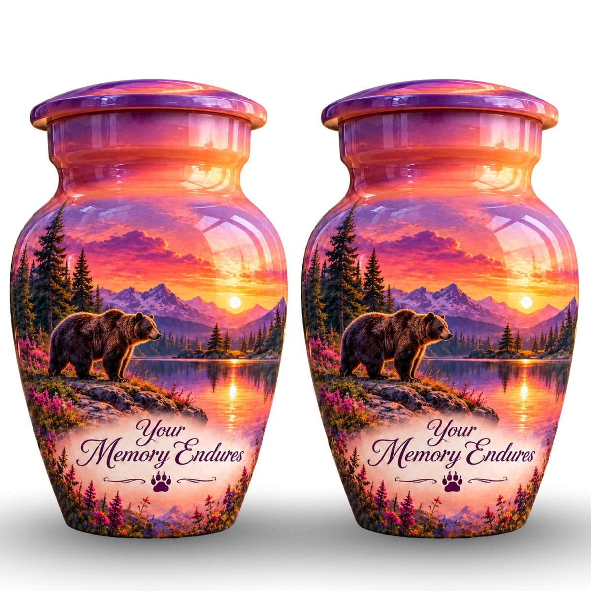 Purple Mountain Bear Sunset Cremation Urn for Human Ashes – Personalized Handmade Aluminum Urn