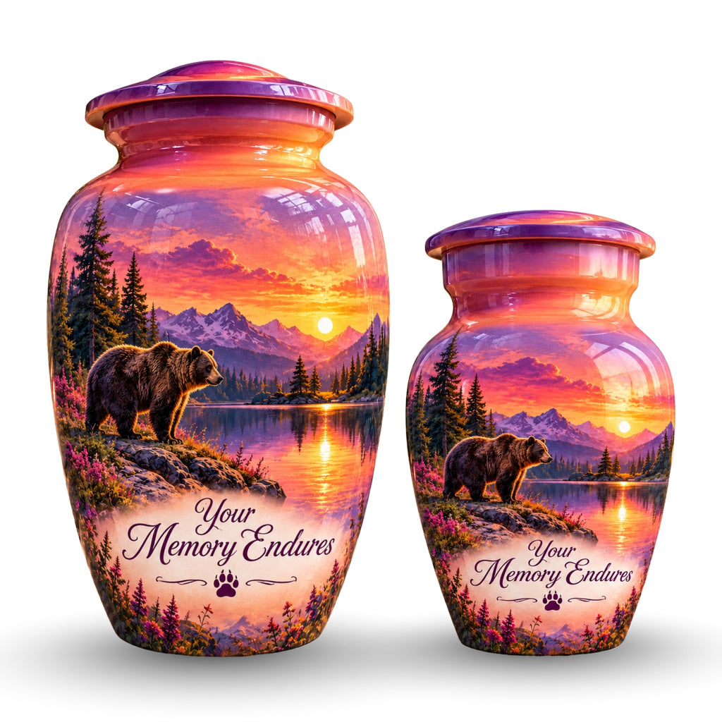Purple Mountain Bear Sunset Cremation Urn for Human Ashes – Personalized Handmade Aluminum Urn