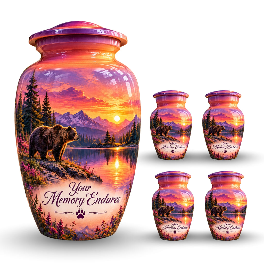 Purple Mountain Bear Sunset Cremation Urn for Human Ashes – Personalized Handmade Aluminum Urn