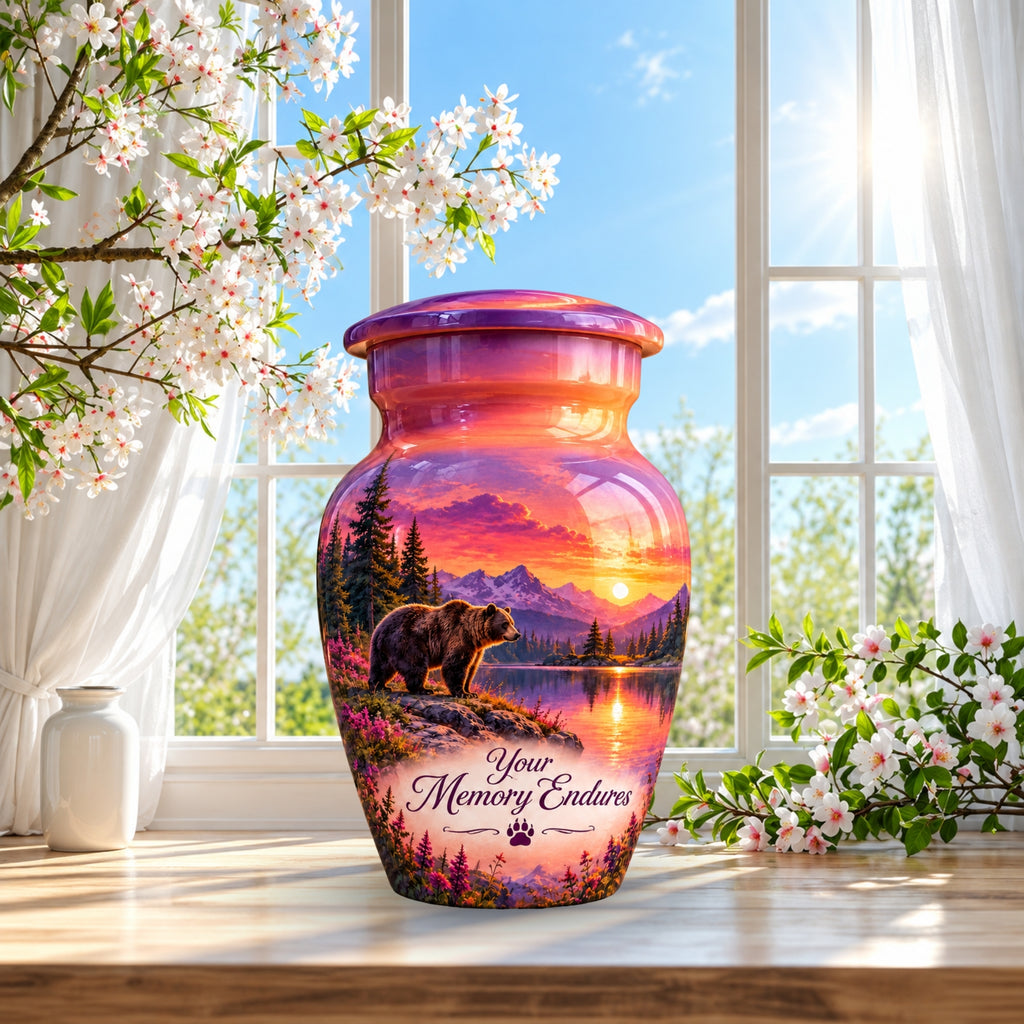 Purple Mountain Bear Sunset Cremation Urn for Human Ashes – Personalized Handmade Aluminum Urn