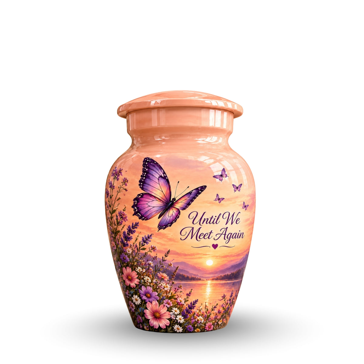 Peach Sunset Purple Butterfly Cremation Urn for Human Ashes – Personalized Handmade Aluminum Urn