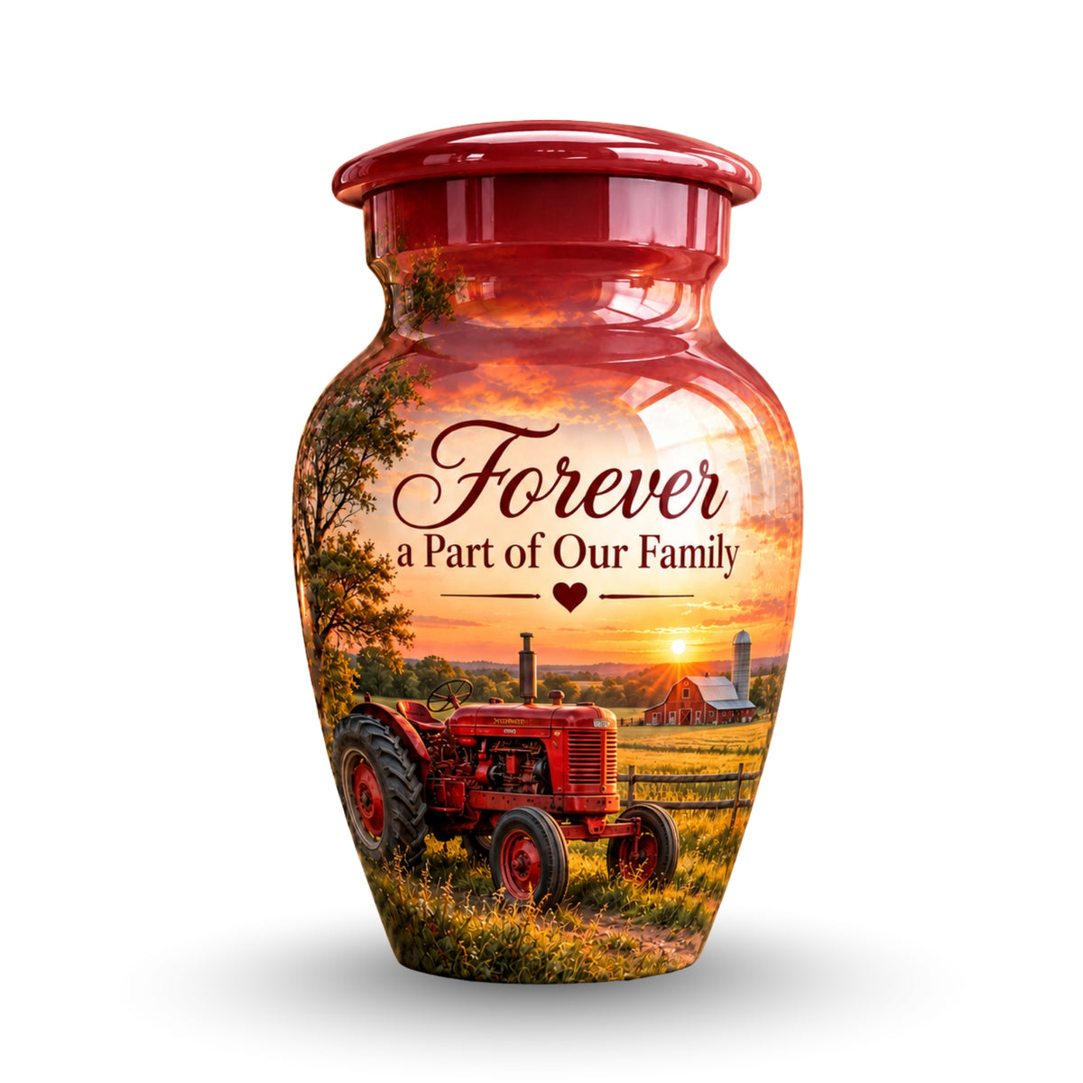 red tractor farm sunset cremation urn for human ashes, handmade aluminum – photo 4