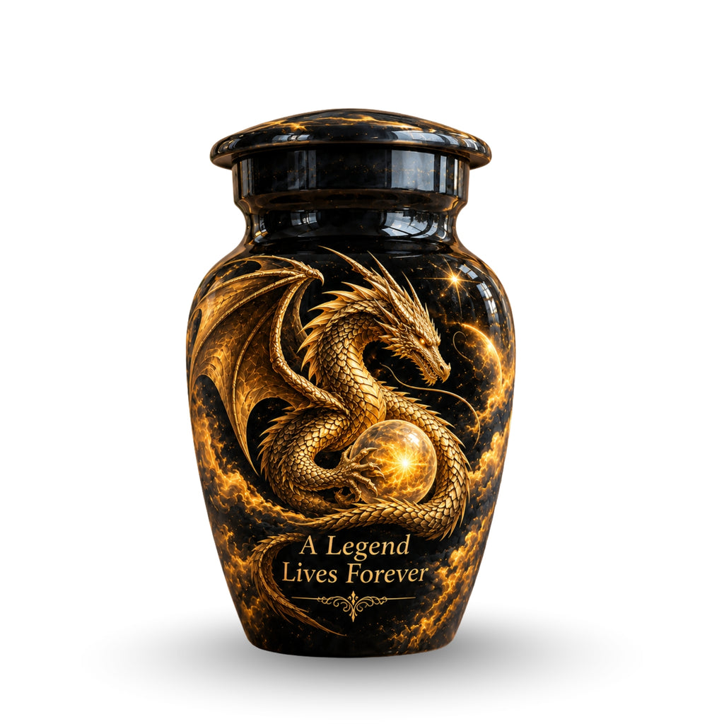 mythical dragon cremation urn for human ashes, handmade aluminum urn – photo 4