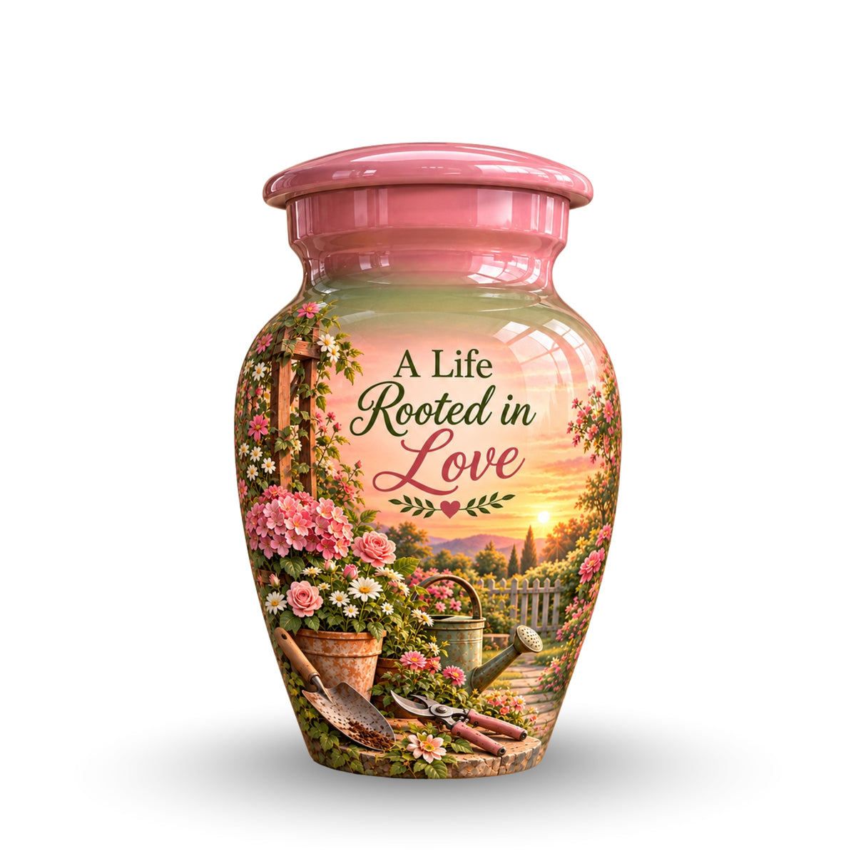 Pink Floral Garden Sunset Cremation Urn for Human Ashes – Personalized Handmade Aluminum Urn