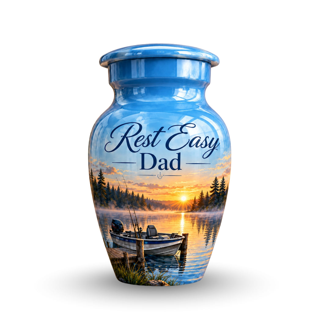 misty lake fishing boat cremation urn for human ashes, handmade aluminum – photo 4