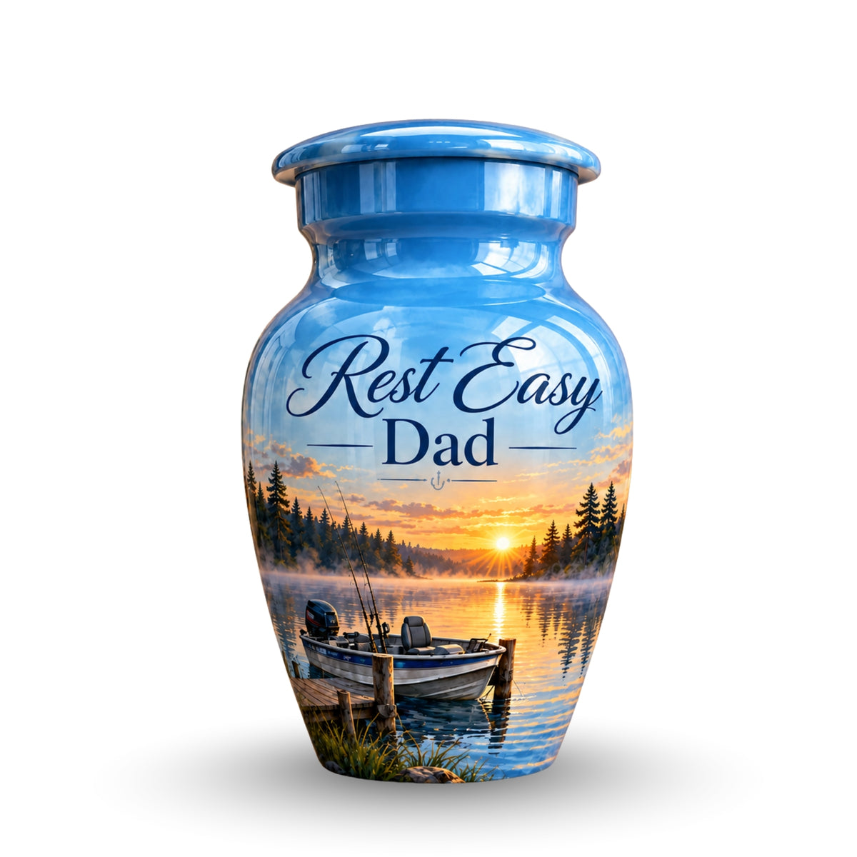 misty lake fishing boat cremation urn for human ashes, handmade aluminum – photo 4