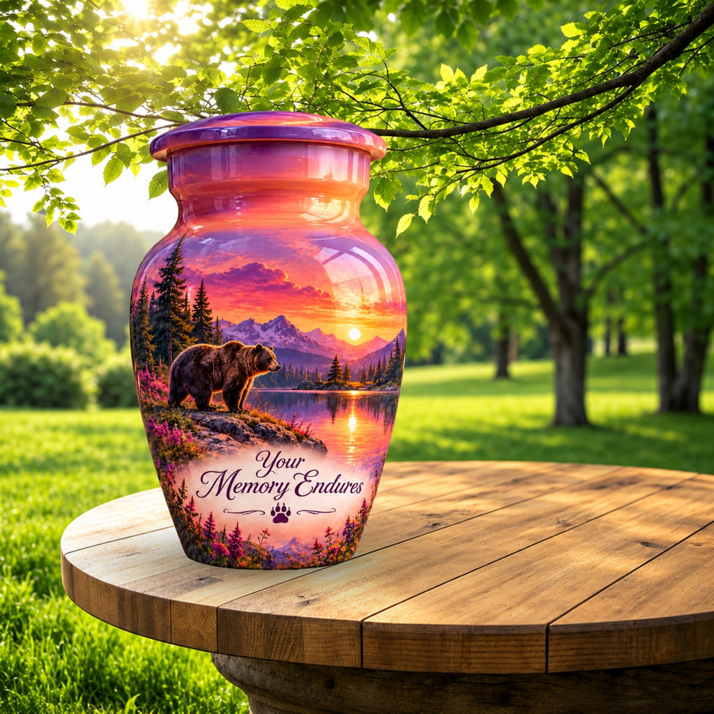 Purple Mountain Bear Sunset Cremation Urn for Human Ashes – Personalized Handmade Aluminum Urn