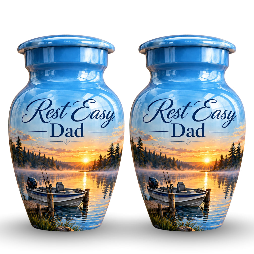 misty lake fishing boat cremation urn for human ashes, handmade aluminum – photo 5