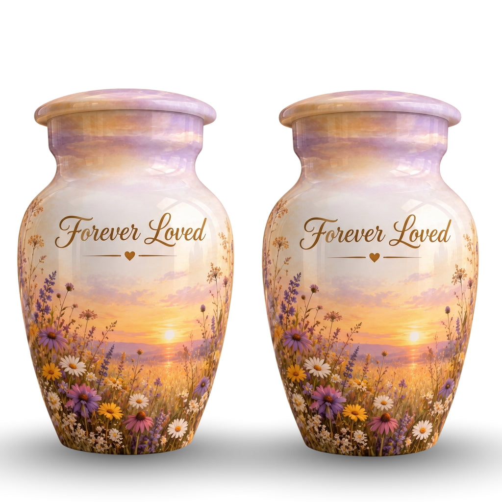 Sunset Wildflower Memorial Cremation Urn for Human Ashes – Personalized Handmade Aluminum Urn