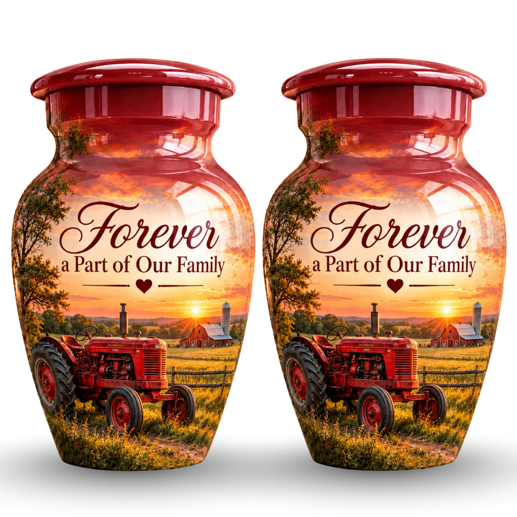 red tractor farm sunset cremation urn for human ashes, handmade aluminum – photo 5