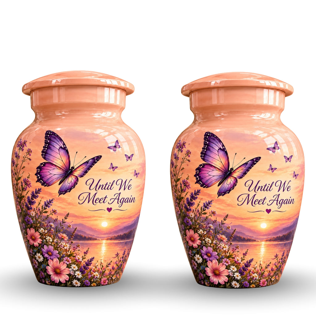 Peach Sunset Purple Butterfly Cremation Urn for Human Ashes – Personalized Handmade Aluminum Urn