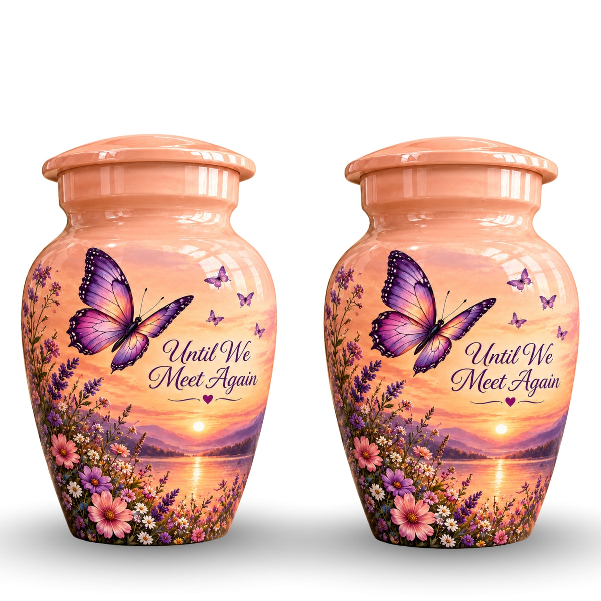 Peach Sunset Purple Butterfly Cremation Urn for Human Ashes – Personalized Handmade Aluminum Urn