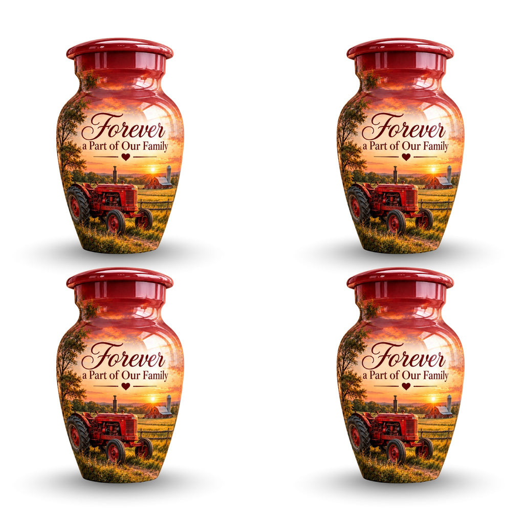 red tractor farm sunset cremation urn for human ashes, handmade aluminum – photo 6